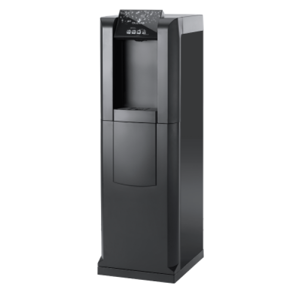 Schwarzer Stand-Wasserspender Hydrazon mit Touch-Bedienfeld und großer Entnahmeöffnung für gekühltes Trinkwasser.