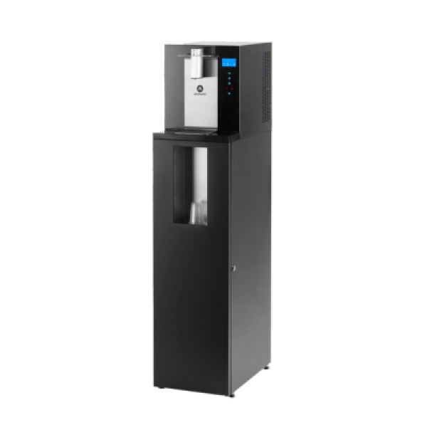 Schwarzer Stand-Wasserspender mit integrierter Zapfeinheit und Display, ideal für Büros, Praxen und Gastronomie.