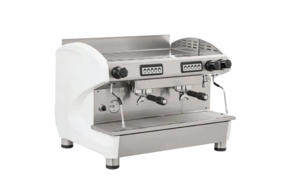 Professionelle Reneka Siebträgermaschine mit zwei Brühgruppen und weißem Gehäuse.