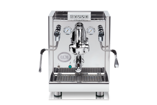 Hochwertige ECM Siebträgermaschine aus poliertem Edelstahl mit zwei Manometern und Profi-Brühgruppe.