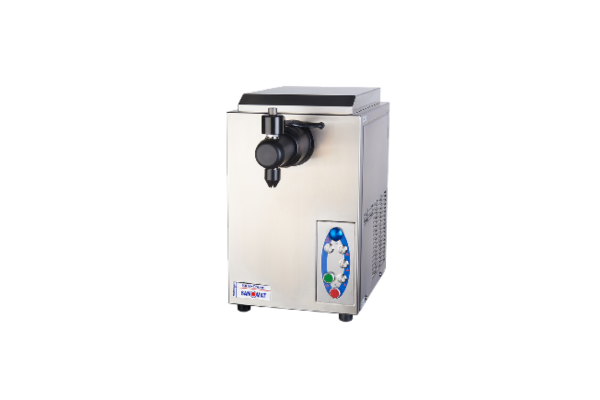 Kompakte Sahne- und Crema-Maschine aus Edelstahl mit vorderem Bedienfeld und Ausgabedüse, Modell für den professionellen Gastroeinsatz.