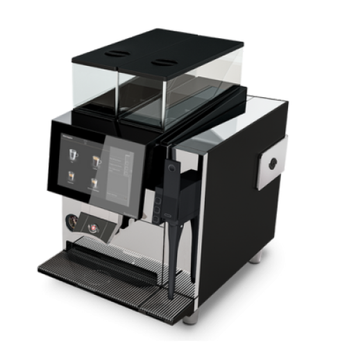 Thermoplan Kaffeevollautomat mit Touchdisplay und großem Bohnen- und Milchbehälter in Edelstahloptik.