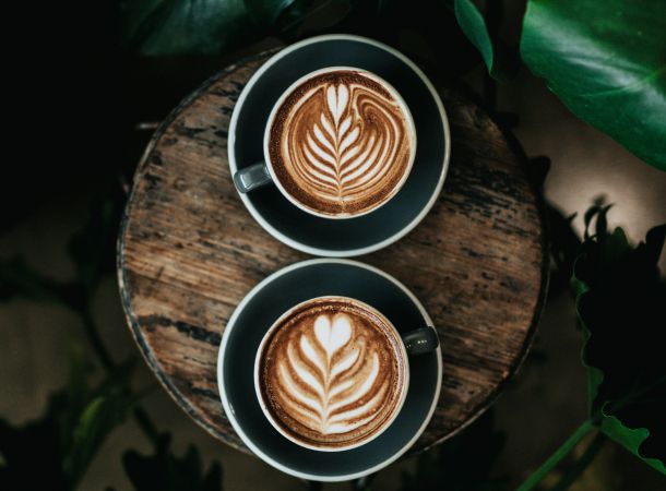 Zwei Tassen Cappuccino mit Latte Art auf einem Holztisch, umgeben von großen grünen Pflanzen.
