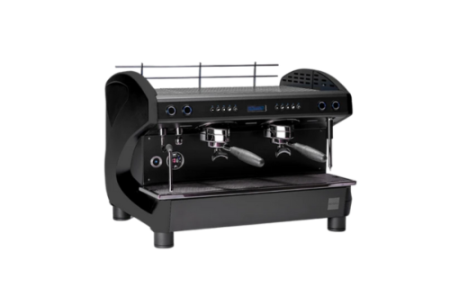 Reneka Viva - Schwarze Reneka Siebträgermaschine mit zwei Brühgruppen und modernem Display.