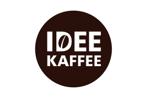 IDEE Kaffee Logo in braunem Kreis mit weißer Schrift und Kaffeebohnen-Symbol