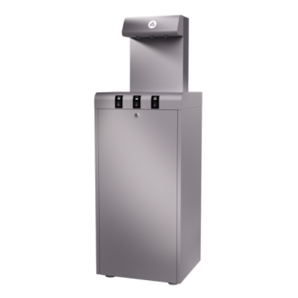 Edelstahl-Wasserspender als Standgerät mit drei Tasten und Auslauf, geeignet für Büro, Gastro und öffentliche Bereiche.
