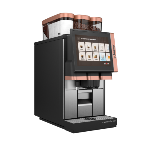 Schaerer Coffee Soul Vollautomat mit großem Touchdisplay und drei Bohnenbehältern.