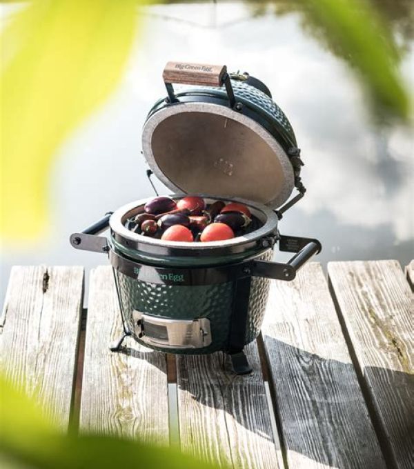 Kleiner grüner Keramikgrill Big Green Egg Mini auf einem Holzsteg am Wasser, gefüllt mit frischem Obst.