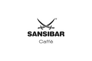 Logo von Sansibar Caffè mit zwei gekreuzten Säbeln über dem Markennamen in schwarzer Schrift.